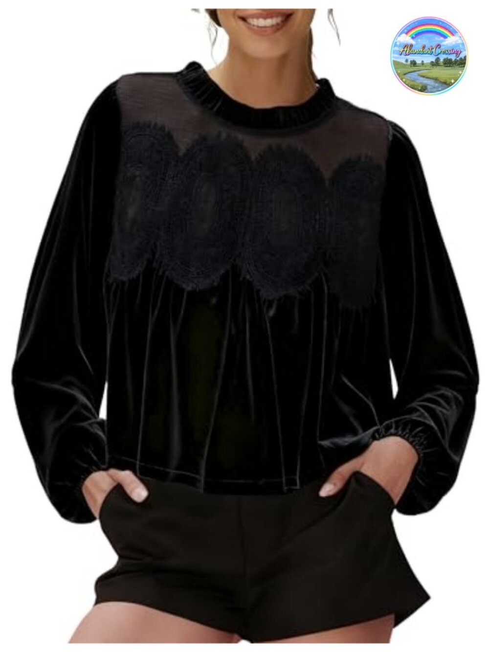 Long Sleeve Velvet & Lace Blouse with Lace Trim